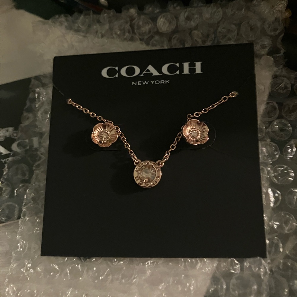 Coach Rose Gold Gem Floral Pendant Necklace and Earrings NWT
